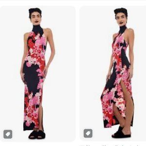 Norma Kamali Halter Turtle Side Slit Gown Floral